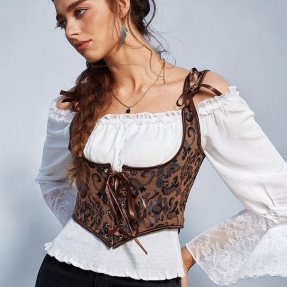 Scarlet Darkness Renaissance Corset Brown Jacquard Bustier Steampunk Regency